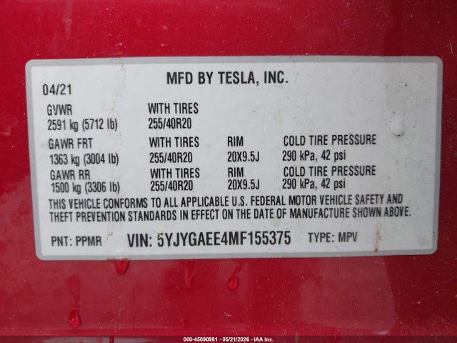 Продажа на аукционе авто 2021 Tesla Model Y Long Range Dual Motor All-wheel Drive, vin: 5YJYGAEE4MF155375, номер лота: 45090981