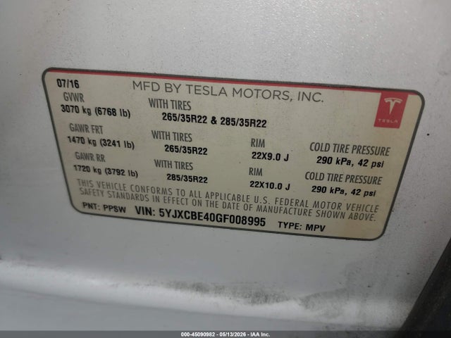 Продажа на аукционе авто 2016 Tesla Model X 75d/p100d/p90d, vin: 5YJXCBE40GF008995, номер лота: 45090982