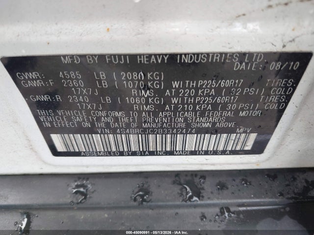 Aukcja sprzedaży 2011 Subaru Outback 2.5i Limited, vin: 4S4BRCJC2B3342474, numer aukcji: 45090991