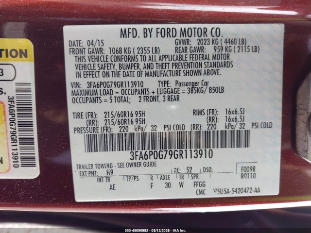 Продажа на аукционе авто 2016 Ford Fusion S, vin: 3FA6P0G79GR113910, номер лота: 45090992