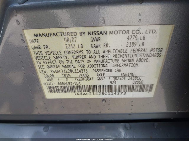 Aukcja sprzedaży 2008 Nissan Altima 2.5 S, vin: 1N4AL21E28C114373, numer aukcji: 45090996