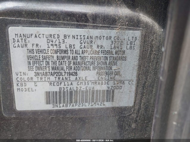 2013 Nissan Sentra Sv მანქანა იყიდება აუქციონზე, vin: 3N1AB7AP2DL719426, აუქციონის ნომერი: 45090998