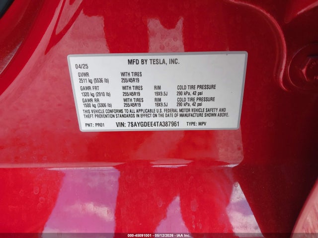 Auction sale of the 2026 Tesla Model Y All-wheel Drive/long Range Launch Series/premium All-wheel Drive, vin: 7SAYGDEE4TA387961, lot number: 45091001