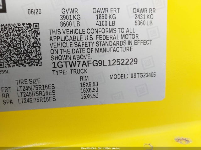 Продажа на аукционе авто 2020 Gmc Savana Cargo Rwd 2500 Regular Wheelbase Work Van, vin: 1GTW7AFG9L1252229, номер лота: 45091005