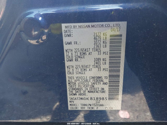 Aukcja sprzedaży 2017 Nissan Rogue S, vin: 5N1AT2MV1HC818985, numer aukcji: 45091007