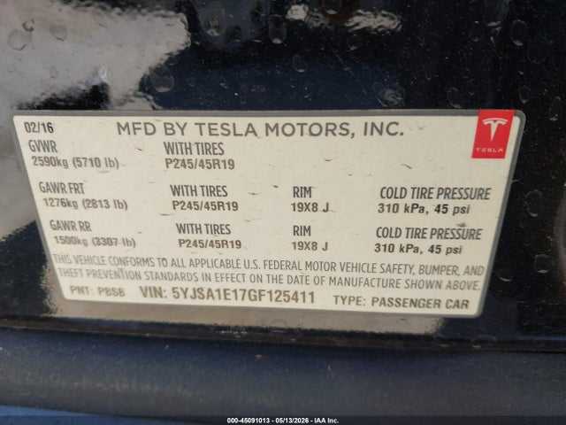 Aukcja sprzedaży 2016 Tesla Model S 60/70/75/85, vin: 5YJSA1E17GF125411, numer aukcji: 45091013