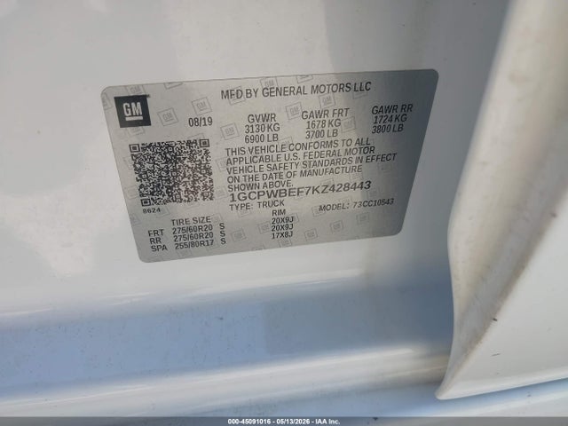 Aukcja sprzedaży 2019 Chevrolet Silverado 1500 Custom, vin: 1GCPWBEF7KZ428443, numer aukcji: 45091016