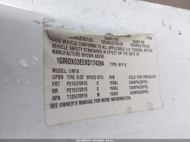 1999 Pontiac Montana მანქანა იყიდება აუქციონზე, vin: 1GMDX03E0XD174394, აუქციონის ნომერი: 45091018