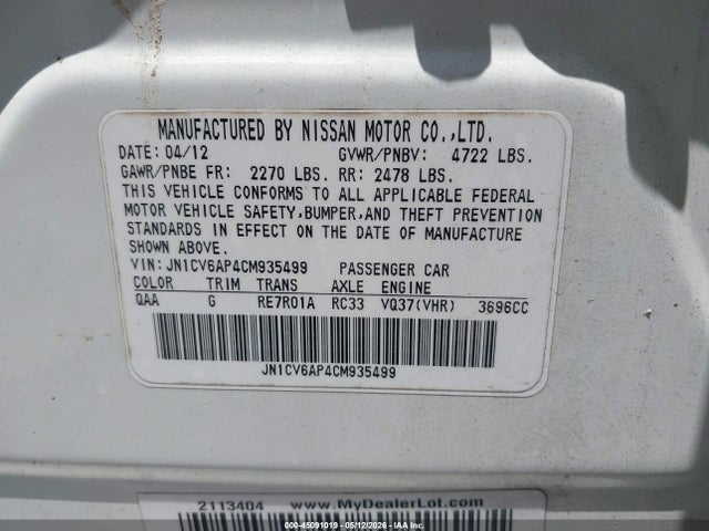 45091019 :رقم المزاد ، JN1CV6AP4CM935499 vin ، 2012 Infiniti G37 Journey مزاد بيع