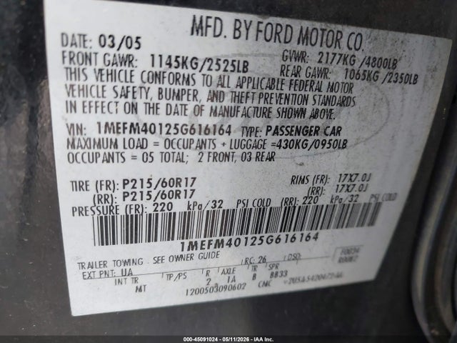 2005 Mercury Montego Luxury მანქანა იყიდება აუქციონზე, vin: 1MEFM40125G616164, აუქციონის ნომერი: 45091024