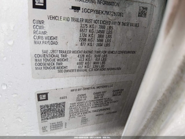 Продаж на аукціоні авто 2021 Chevrolet Silverado 1500 4wd  Short Bed Custom, vin: 1GCPYBEK7MZ259261, номер лоту: 45091039