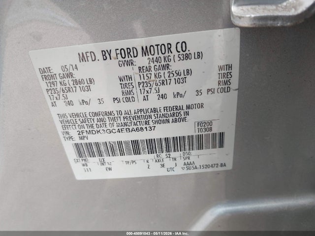 2014 Ford Edge Se მანქანა იყიდება აუქციონზე, vin: 2FMDK3GC4EBA68137, აუქციონის ნომერი: 45091043