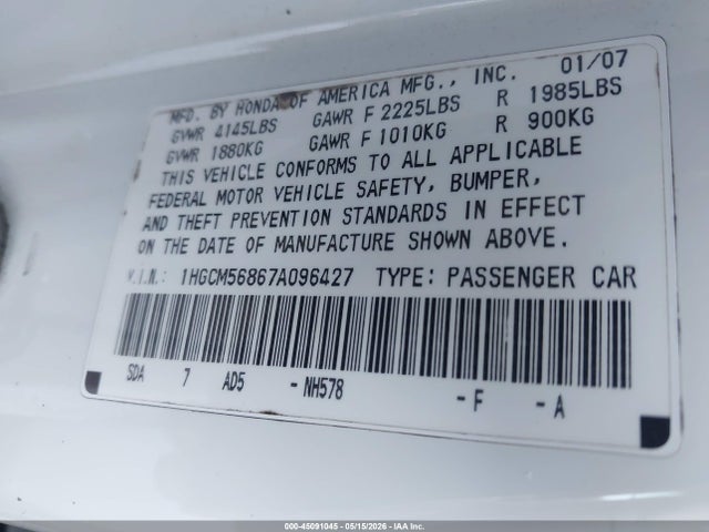Продажа на аукционе авто 2007 Honda Accord 2.4 Ex, vin: 1HGCM56867A096427, номер лота: 45091045