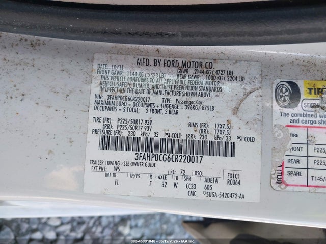 2012 Ford Fusion Sel მანქანა იყიდება აუქციონზე, vin: 3FAHP0CG6CR220017, აუქციონის ნომერი: 45091048
