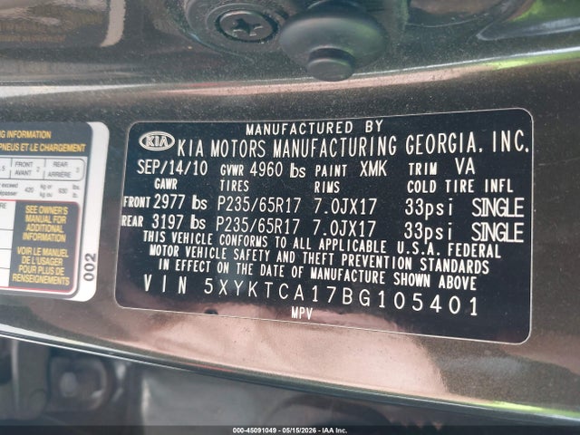 2011 Kia Sorento Lx მანქანა იყიდება აუქციონზე, vin: 5XYKTCA17BG105401, აუქციონის ნომერი: 45091049