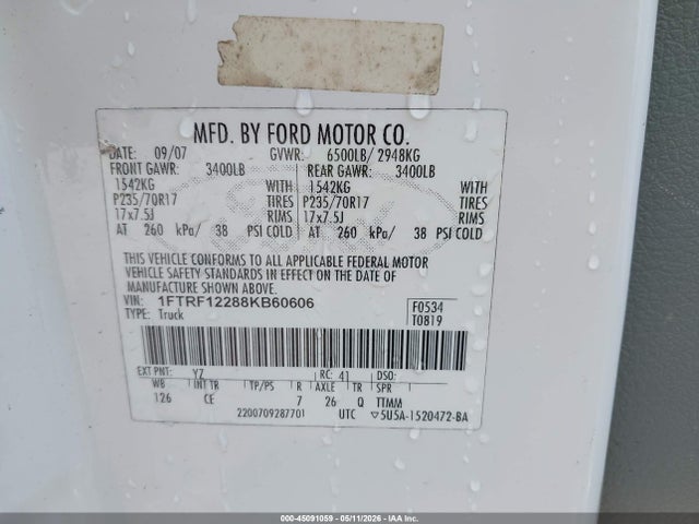 Продажа на аукционе авто 2008 Ford F-150 Stx/xl/xlt, vin: 1FTRF12288KB60606, номер лота: 45091059