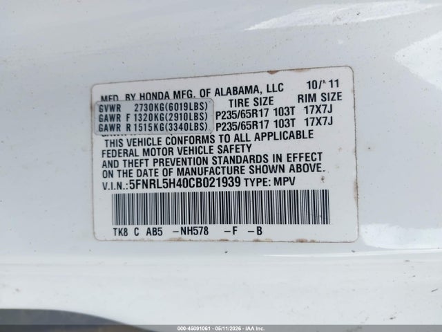 Продаж на аукціоні авто 2012 Honda Odyssey Ex, vin: 5FNRL5H40CB021939, номер лоту: 45091061