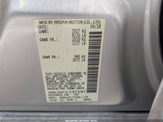 Aukcja sprzedaży 2018 Nissan Altima 2.5 S, vin: 1N4AL3AP7JC237597, numer aukcji: 45091064