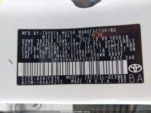 45091068 :رقم المزاد ، 5YFBURHE8GP423927 vin ، 2016 Toyota Corolla L/le/le Pls/prm/s/s Pls مزاد بيع