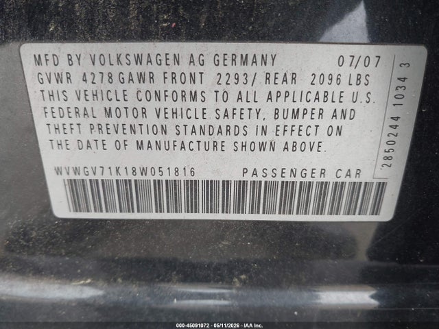 45091072 :رقم المزاد ، WVWGV71K18W051816 vin ، 2008 Volkswagen Gti 4-door مزاد بيع