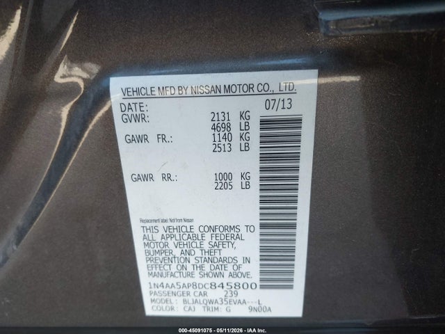 45091075 :رقم المزاد ، 1N4AA5AP8DC845800 vin ، 2013 Nissan Maxima 3.5 S مزاد بيع