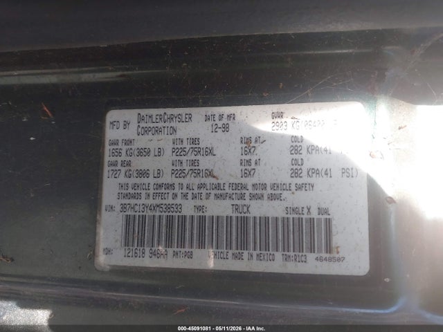 Продаж на аукціоні авто 1999 Dodge Ram 1500 St, vin: 3B7HC13Y4XM538533, номер лоту: 45091081