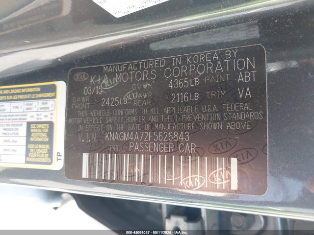 Продажа на аукционе авто 2015 Kia Optima Lx, vin: KNAGM4A72F5626843, номер лота: 45091087