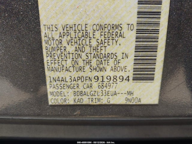 2015 Nissan Altima 2.5 S მანქანა იყიდება აუქციონზე, vin: 1N4AL3AP0FN919894, აუქციონის ნომერი: 45091090