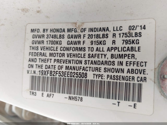45091091 :رقم المزاد ، 19XFB2F53EE025508 vin ، 2014 Honda Civic Lx مزاد بيع