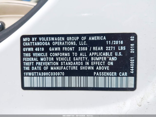 Aukcja sprzedaży 2017 Volkswagen Passat 1.8t Se, vin: 1VWGT7A39HC030970, numer aukcji: 45091103