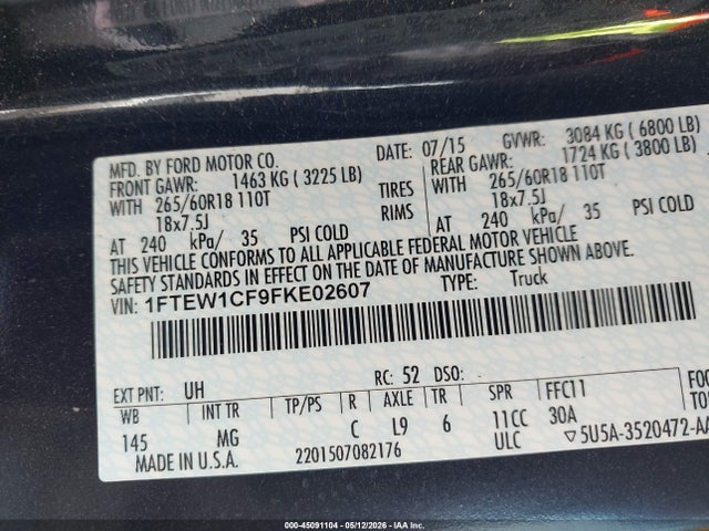 2015 Ford F-150 Xlt მანქანა იყიდება აუქციონზე, vin: 1FTEW1CF9FKE02607, აუქციონის ნომერი: 45091104