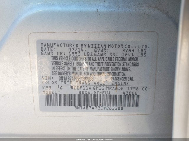 Aukcja sprzedaży 2014 Nissan Sentra Sv, vin: 3N1AB7AP2EY283388, numer aukcji: 45091108