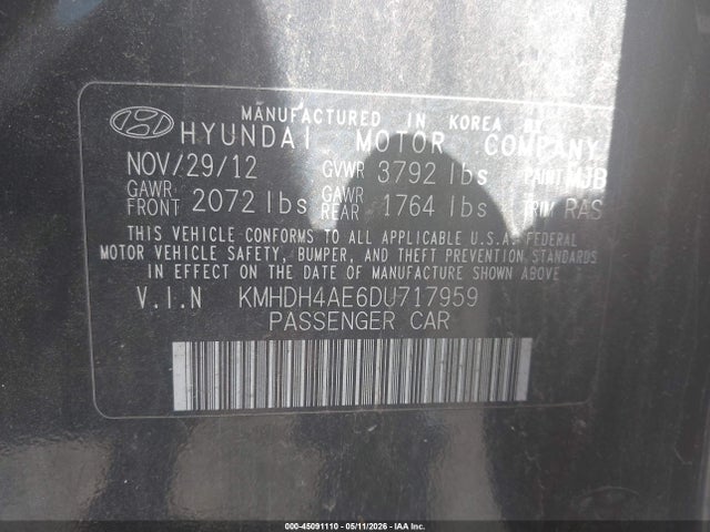Продажа на аукционе авто 2013 Hyundai Elantra Gls, vin: KMHDH4AE6DU717959, номер лота: 45091110
