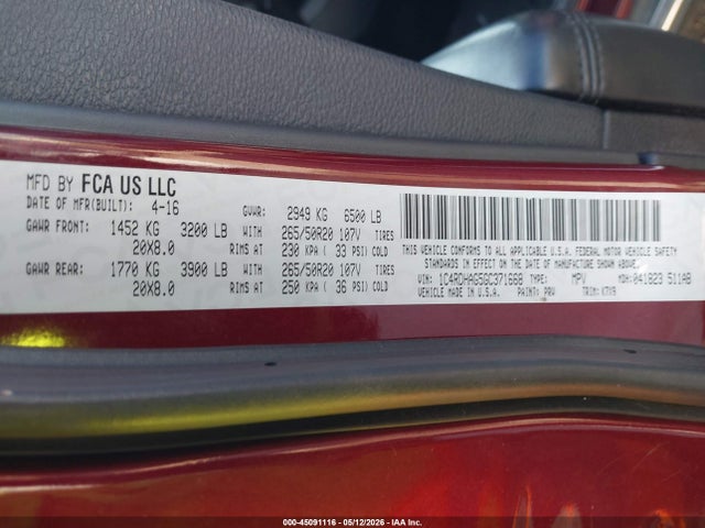 45091116 :رقم المزاد ، 1C4RDHAG5GC371668 vin ، 2016 Dodge Durango Sxt مزاد بيع