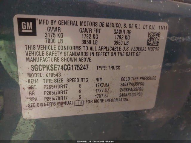 Aukcja sprzedaży 2012 Chevrolet Silverado 1500 Lt, vin: 3GCPKSE74CG175247, numer aukcji: 45091118