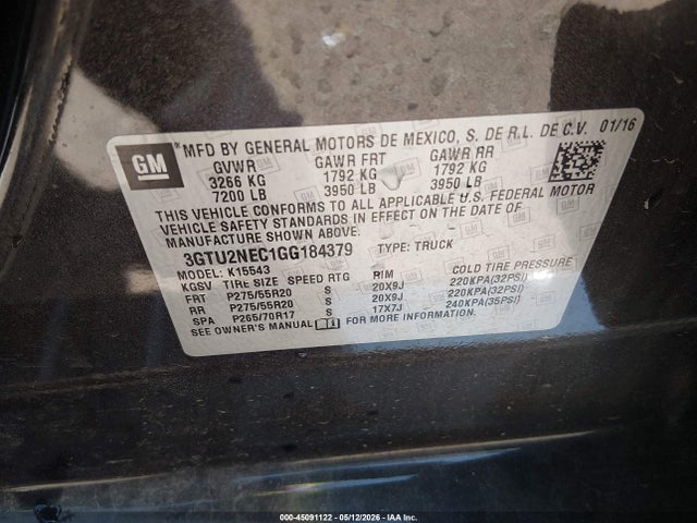 Aukcja sprzedaży 2016 Gmc Sierra 1500 Slt, vin: 3GTU2NEC1GG184379, numer aukcji: 45091122