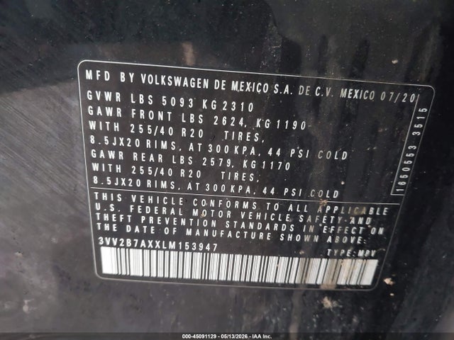 Продаж на аукціоні авто 2020 Volkswagen Tiguan 2.0t Se/2.0t Se R-line Black/2.0t Sel, vin: 3VV2B7AXXLM153947, номер лоту: 45091129