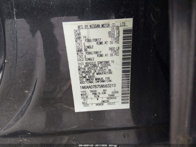 Продажа на аукционе авто 2005 Nissan Titan Se, vin: 1N6AA07B75N563210, номер лота: 45091142