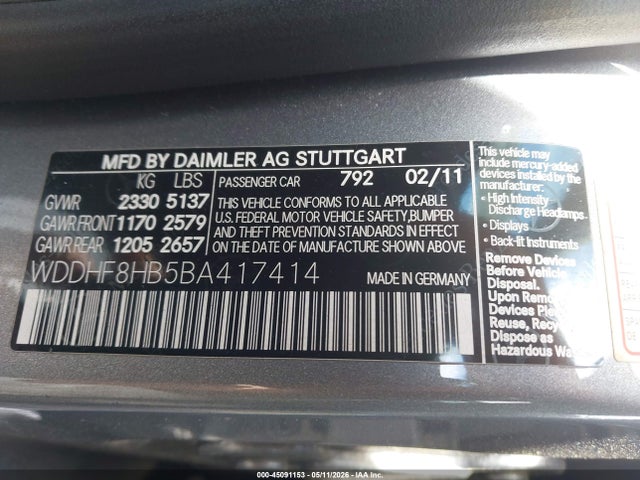 45091153 :رقم المزاد ، WDDHF8HB5BA417414 vin ، 2011 Mercedes-benz E 350 4matic مزاد بيع