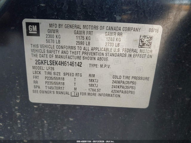 45091154 :رقم المزاد ، 2GKFLSEK4H6146142 vin ، 2017 Gmc Terrain Sle-1 مزاد بيع