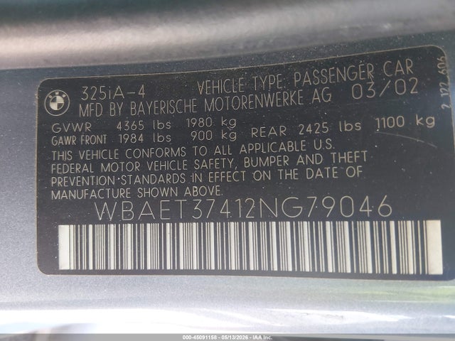 Продажа на аукционе авто 2002 Bmw 325i, vin: WBAET37412NG79046, номер лота: 45091158