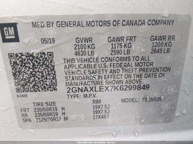 45091168 :رقم المزاد ، 2GNAXLEX7K6299849 vin ، 2019 Chevrolet Equinox Lt مزاد بيع