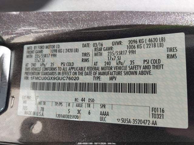 Aukcja sprzedaży 2016 Ford Escape Se, vin: 1FMCU0GX9GUC76020, numer aukcji: 45091169