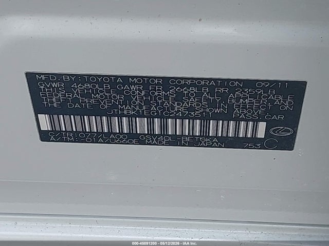 Aukcja sprzedaży 2012 Lexus Es 350, vin: JTHBK1EG1C2473511, numer aukcji: 45091200