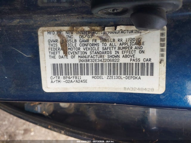 45091201 :رقم المزاد ، 1NXBR32E34Z206822 vin ، 2004 Toyota Corolla Ce مزاد بيع