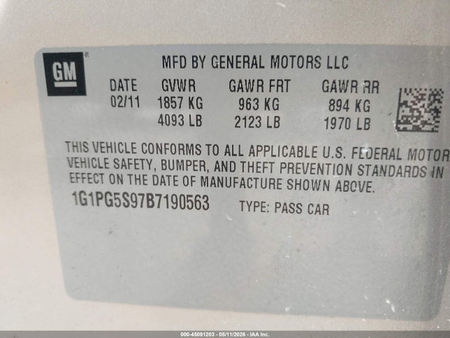 2011 Chevrolet Cruze 2lt მანქანა იყიდება აუქციონზე, vin: 1G1PG5S97B7190563, აუქციონის ნომერი: 45091203