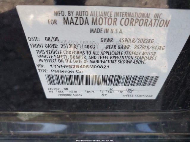 45091209 :رقم المزاد ، 1YVHP82B495M09821 vin ، 2009 Mazda Mazda6 S Touring مزاد بيع
