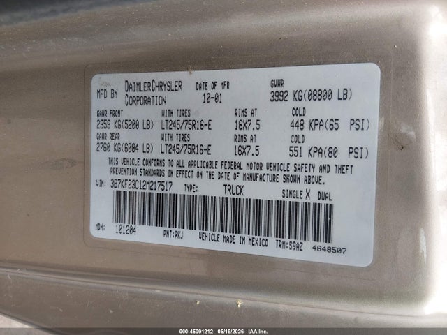 Продажа на аукционе авто 2002 Dodge Ram 2500 St, vin: 3B7KF23C12M217517, номер лота: 45091212
