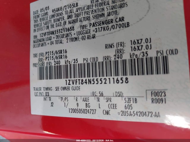 45091223 :رقم المزاد ، 1ZVFT84N555211658 vin ، 2005 Ford Mustang مزاد بيع