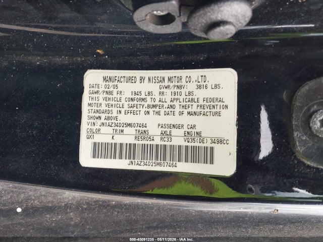 Aukcja sprzedaży 2005 Nissan 350z Touring, vin: JN1AZ34D25M607464, numer aukcji: 45091235